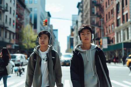 a young couple oriental teenage boy with wireless headphones listening to music is crossing a street.の素材