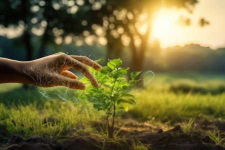 Hand touch screen plant, Concept save the planetの素材