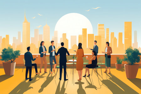 illustration of people meeting on a roof,の素材