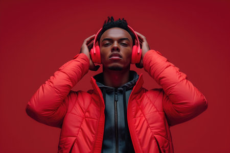 african american man with white wireless headphones, wearing yellow jacket and black pants on streetの素材