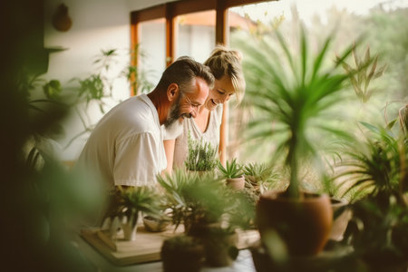 Mature couple shopping at a gardening market togetherの素材