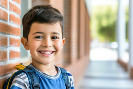 Smiling elementary student boy smiling ready to school.の素材