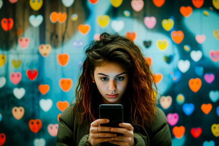 A woman staring at her phone, surrounded by reactions and emojis. Overstimulated. Social media addiction.の素材