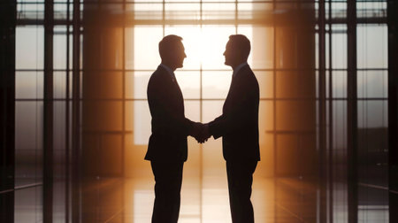 two man in formal suits shaking hands to celebrate the deal in meeting room,cinematic scene,の素材