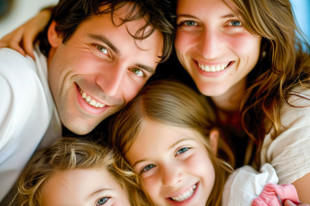 Young happy family hugging and smilingの素材
