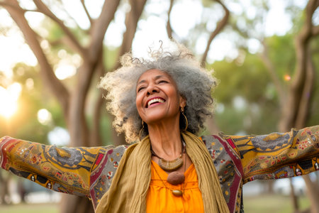 mature caucasian woman enjoying music, carefree and joyful expression,の素材