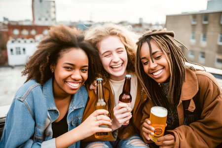 Happy multiracial female friends with bottles of beer chilling on rooftop while laughing and looking at cameraの素材