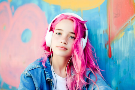 Young girl with pink hair, sitting on the street with colorful background and listening to music with her headphonesの素材
