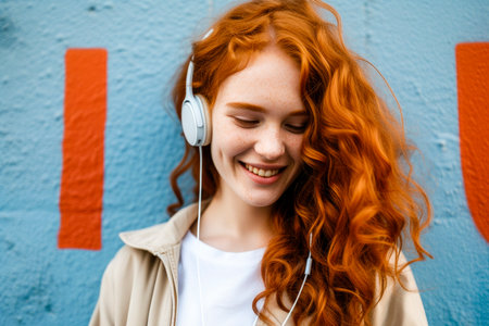 young redhead woman smiling, while listening to music with wireless headphones and smartphone,の素材