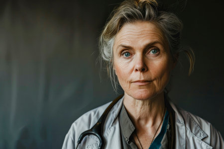 a portrait of a middle aged female doctor, looking straight at the cameraの素材