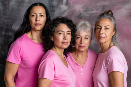 four women of different ages and ethnicities, wearing pink t-shirts,の素材