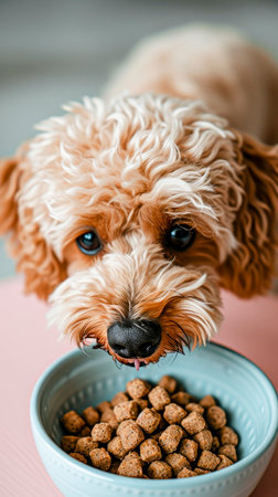 cute dog feeding on a bowl of dog food,の素材
