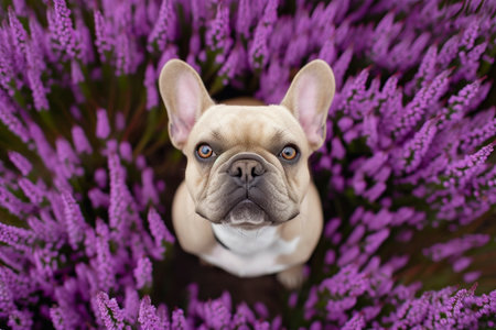 A brown and white dog is standing in a field of purple flowers. The dog is looking at the camera with a curious expression. The scene is peaceful and sereneの素材