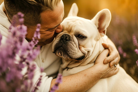 A man is hugging a white dog in a field of purple flowers. The dog is looking up at the man with a smile on his face. Concept of warmth and happiness, as the manの素材