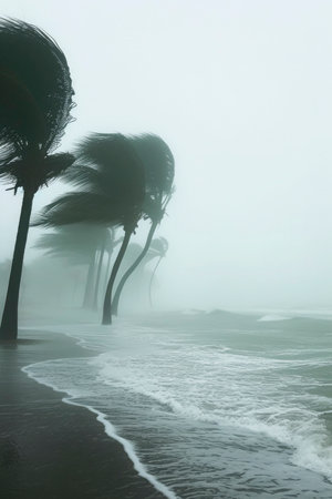 Tropical sandy beach in Thailand, stormy weather, low season. green palms, gray sky. . High quality photoの素材