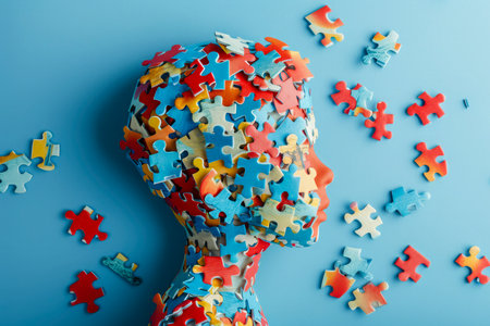 World autism awareness day concept. Kid head with colorful puzzle pieces on light blue backgroundの素材