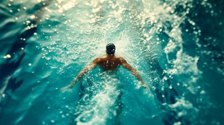 A man is swimming in a pool wearing a swim cap. He is wearing goggles and is swimming in the waterの素材
