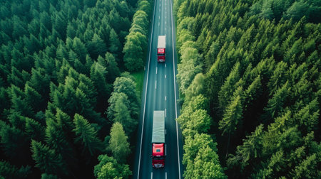 A truck is driving down a road through a forest. The road is empty and the trees are lush and greenの素材