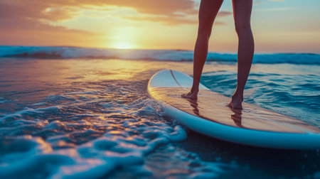 A woman is standing on a surfboard in the ocean. The sun is setting in the background, creating a beautiful and serene atmosphereの素材