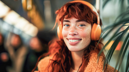 A woman with red hair and orange headphones is smiling. She is wearing a bright orange jacket and she is happyの素材