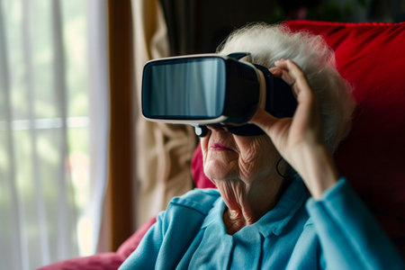 senior lady experiencing cyberspace in VR goggles,の素材