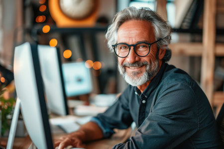 I give mall everyday. Portrait of a smiling mature businessman working on a computer in an office.の素材