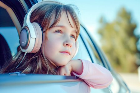 A young girl wearing headphones is sitting in a car. She is smiling and looking out the windowの素材