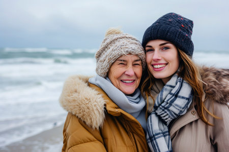 Senior Woman And Her Daughter On The Beach On A Winter Day.の素材