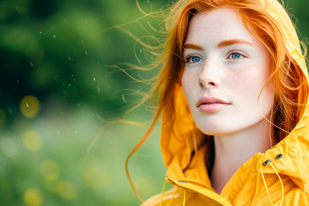 Young woman in yellow raincoat at parkの素材