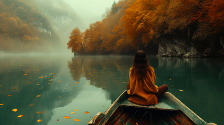 a woman sits on the boat with the view of an autumn leaf in the distance, lively nature scenesの素材
