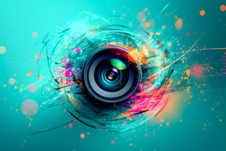 world photography day, perfect design with lens on cyan background,の素材