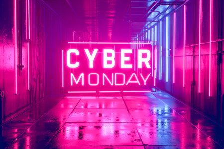 A neon sign that says Cyber Monday. The sign is bright pink and is hanging on a wallの素材