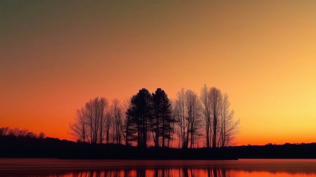 A small island in the middle of a lake with a beautiful sunset in the background. The water is calm and the sky is orange and pinkの素材
