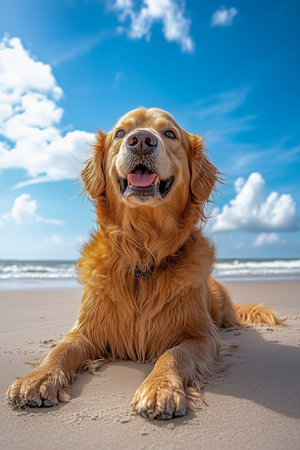 A happy golden retriever is standing on a beach with his tongue out. The dog's mouth is open, and it is smiling. Concept of joy and playfulnessの素材