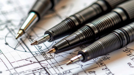 A bunch of pens are on top of a blueprint. The pens are of different sizes and colors, and they are scattered all over the blueprint. Concept of creativity and organizationの素材