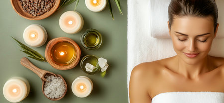 A woman is sitting in a spa with candles and oils. She is smiling and she is relaxedの素材