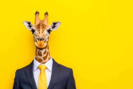 Giraffe in modern business suit, yellow tie, yellow background,の素材