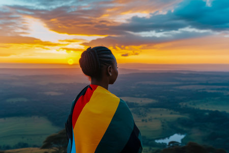 a young beautiful black woman wrapped in a Ugandan flagの素材