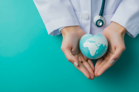 A person wearing a white lab coat, holds a globe, symbolizing global health and care. High quality photoの素材