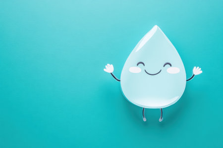 A water droplet is smiling and standing on a blue background.の素材