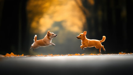 two small dogs playing together outdoors. High quality photoの素材