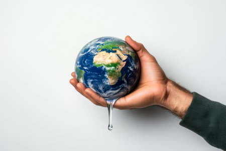 A hand holding a globe with water dripping from it. The globe is the Earthの素材