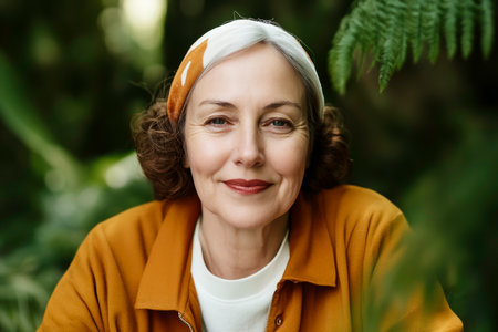 A woman wearing a yellow jacket and a white shirt is smiling. She is wearing a white bandana on her headの素材