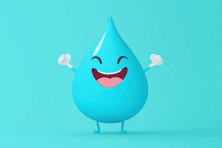 A water droplet is smiling and standing on a blue background.の素材