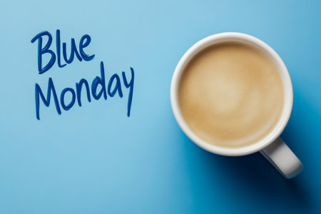 A coffee cup with a sad face on it and the words Blue Monday written below it. A spoon is also visible on the tableの素材