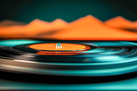 vinyl record spinning on a turntable, with the grooves forming an abstract landscape.の素材