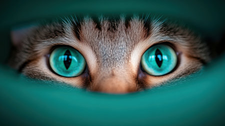A closeup portrait of a cat with beautiful turquoise eyes, lying on a fabric. High quality photoの素材