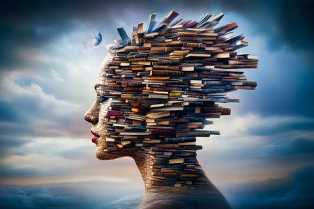 A woman's face is made of books. The books are stacked on top of each other, creating a unique and creative design. Concept of imagination and artistic expression, as well as the idea of knowledgeの素材