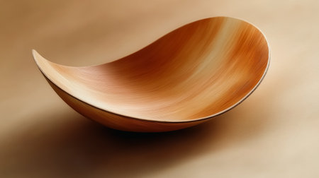 A minimalist still life featuring two stacked wooden bowls on a beige textured surface. The warm tones and natural textures create a serene and organic aesthetic, suitable for concepts of simplicity, elegance, and sustainability.の素材