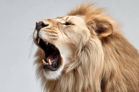 Lion roaring, head close-up, neutral background. High quality photoの素材